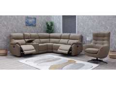 Pandora Half-Leather Six Piece Modular Corner Sofa – Luxury Corner Sofa In Bisque W/Drinks & Charging Console