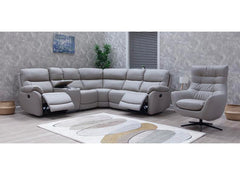 Pandora Half-Leather Six Piece Modular Corner Sofa – Luxury Corner Sofa in Pearl Grey W/Drinks & Charging Console