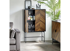 Alvin Storage Cabinet – Chevron Wood Design with Black Metal Highlights | Modern Living Room Cabinet