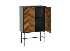 Alvin Storage Cabinet – Chevron Wood Design with Black Metal Highlights | Modern Living Room Cabinet