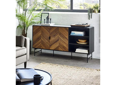 Alvin Sideboard – Chevron Wood Design with Black Metal Highlights | Modern Living Room Cabinet