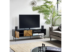Alvin TV Stand – Chevron Wood Design with Black Metal Highlights | Modern Living Room Media Stand