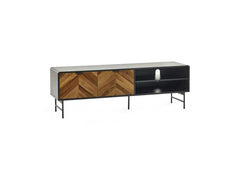 Alvin TV Stand – Chevron Wood Design with Black Metal Highlights | Modern Living Room Media Stand