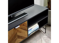 Alvin TV Stand – Chevron Wood Design with Black Metal Highlights | Modern Living Room Media Stand