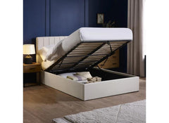 Aylen Storage Bed in Oatmeal Linen Fabric – Modern Upholstered Bed with Vertically Lined Headboard