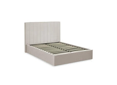 Aylen Storage Bed in Oatmeal Linen Fabric – Modern Upholstered Bed with Vertically Lined Headboard