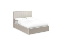 Aylen Storage Bed in Oatmeal Linen Fabric – Modern Upholstered Bed with Vertically Lined Headboard