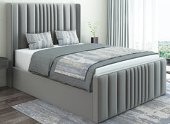 Amelia 6 ft Fabric Bed/Ottoman Bed – Modern Upholstered Bed Frame with Vertical Lined Winged Headboard