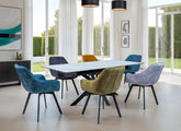 Arrigo Grey Or White Extending Dining Set - Sintered Stone Table Tops With Viola Velvet Swivel Chairs