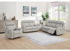 Banbury Light Grey Half-Leather 2PP Powered Recliner Sofa – Premium Light Grey And Tan Leather & Silver Fabric 2 Seater