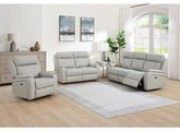Banbury Light Grey Half-Leather Powered Recliner Armchair – Premium Light Grey, Tan Leather & Silver Fabric Reclining Armchair