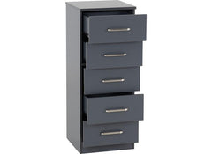 Dakota Dark Grey Five Drawer Narrow Chest – Modern Bedroom Narrow Chest