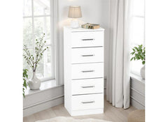 Dakota White Five Drawer Narrow Chest – Modern Bedroom Narrow Chest