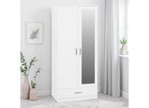 Dakota White Two Door One Drawer Mirrored Wardrobe – Modern Bedroom Storage Closet with Hanging Rail