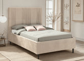 Maine Taupe Velvet Bed with Pleated Vertically Lined Headboard – Modern Upholstered Luxury Bed (WBF)