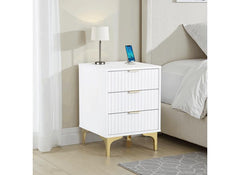 Miami White Three Drawer Bedside – White Lacquered Bedside With Gold Legs – Modern Bedside Furniture