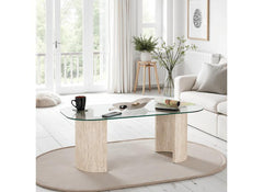 Modena Glass Coffee Table – Modern Glass Topped Occasional Table with Cream Wood Base – Contemporary Occasional Furniture