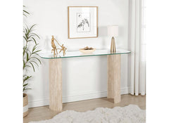 Modena Glass Console Table – Modern Glass Topped Occasional Table with Cream Wood Base – Contemporary Occasional Furniture