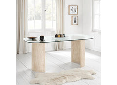 Modena Glass Dining Table – Modern Glass Top Dining Table with Cream Wood Base – Contemporary Dining Room Furniture