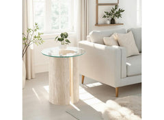 Modena Glass Lamp Table – Modern Glass Topped Occasional Table with Cream Wood Base – Contemporary Occasional Furniture