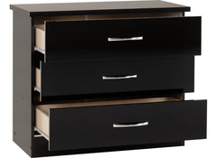 Nevada Black Gloss Three Drawer Chest - open