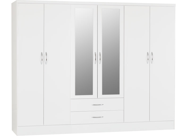 Nevada White Six Door Mirrored Wardrobe