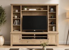 Normandy 2.18 m Media Unit | Extra Long Stand With Optional Hutch Top In A Whitewashed Finish