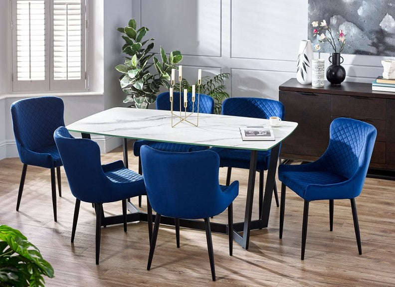 Olympus White Dining Table W/Luxe Blue Velvet Chairs
