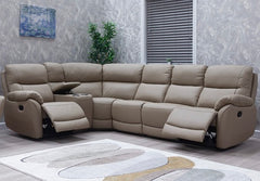 Pandora Half-Leather Six Piece Modular Corner Sofa – Luxury Corner Sofa In Bisque W/Drinks & Charging Console