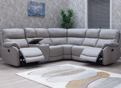 Pandora Half-Leather Six Piece Modular Corner Sofa – Luxury Corner Sofa in Pearl Grey W/Drinks & Charging Console