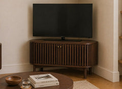 Soho Brown Corner TV Stand- Brown Wood Slatted Body With Cupboard