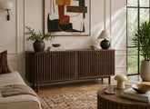 Soho Brown Large Sideboard - Brown Wood Slatted Body With Four Doors