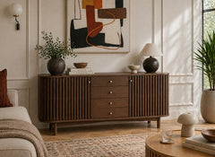 Soho Brown Large Sideboard With Drawers - Brown Wood Slatted Body With Two Doors