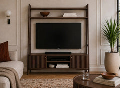 Soho Brown 1.37 m Ladder TV Unit - Brown Wood Slatted Body With End Cupboards