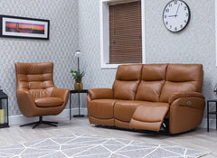 Torino Half-Leather Powered Sofa & Orbit Swivel Chair – Luxury Electric Sofa Group In Saddle Brown