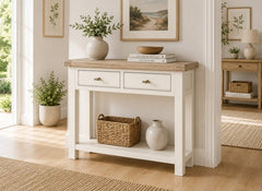 Windsor Condole Table With Drawers - Rustic Country Style Occasional Furniture With A Coconut White Frame & Oak Top – (GLH)