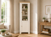 Windsor Corner Display Cabinet - Rustic Country Style Occasional Furniture With A Coconut White Frame & Oak Top – (GLH)