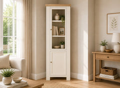 Windsor Corner Display Cabinet - Rustic Country Style Occasional Furniture With A Coconut White Frame & Oak Top – (GLH)