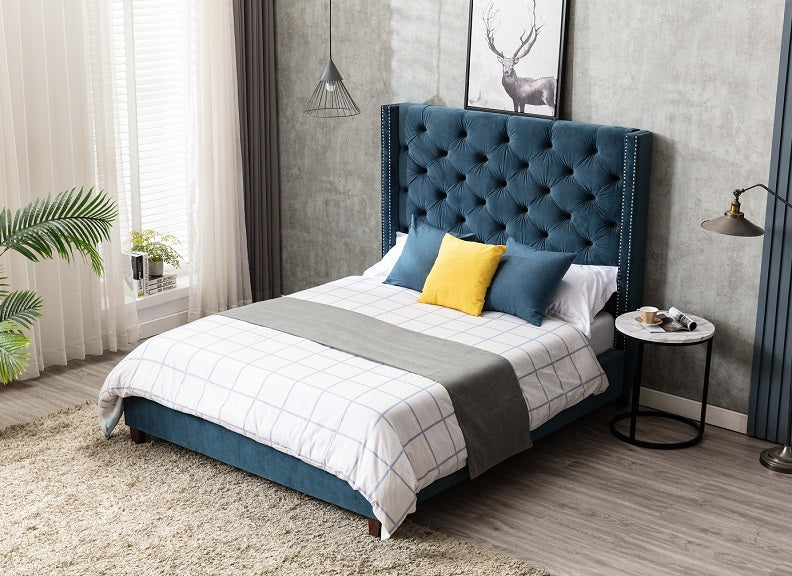 Grey upholstered bed with deals high headboard