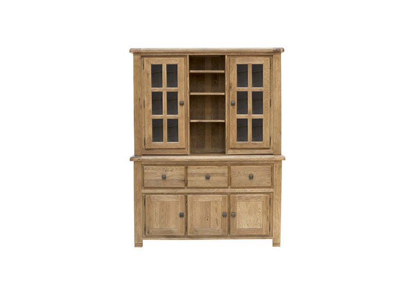 Danube Wooden Large Buffet Hutch with 2 main doors on top and three shelves, 3 middle drawers and 3 cupboards door on bottom half on white background