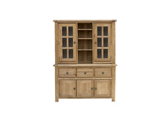 Danube Wooden Large Buffet Hutch with 2 main doors on top and three shelves, 3 middle drawers and 3 cupboards door on bottom half on white background