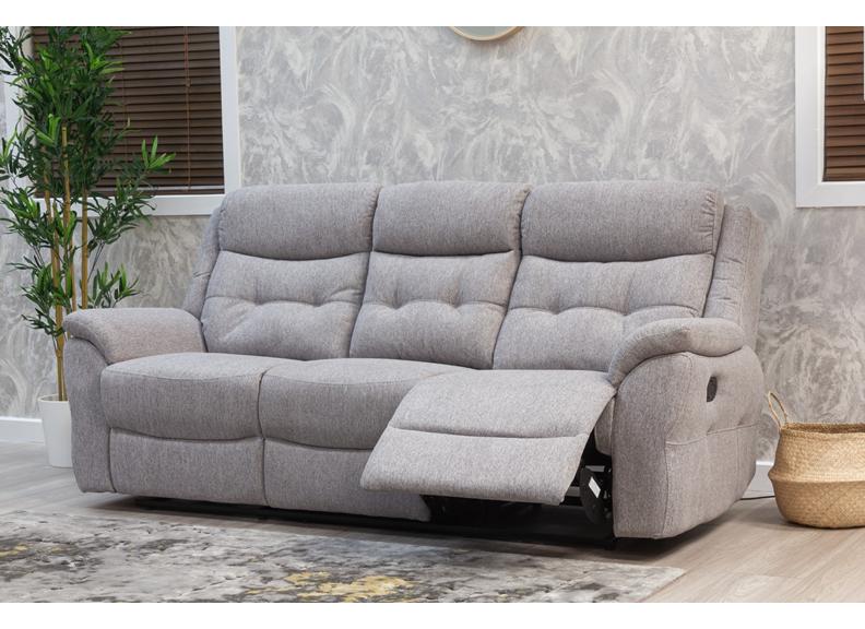 Shelby Grey Fabric Reclining 3RTR+RR Sofa Group In Pale Grey Fabric With Drop Down Tray
