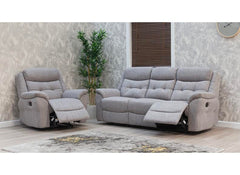 Shelby Grey Fabric Recliner 3RR Sofa with , Drop Down Tray, Cup Holders & Charging Point