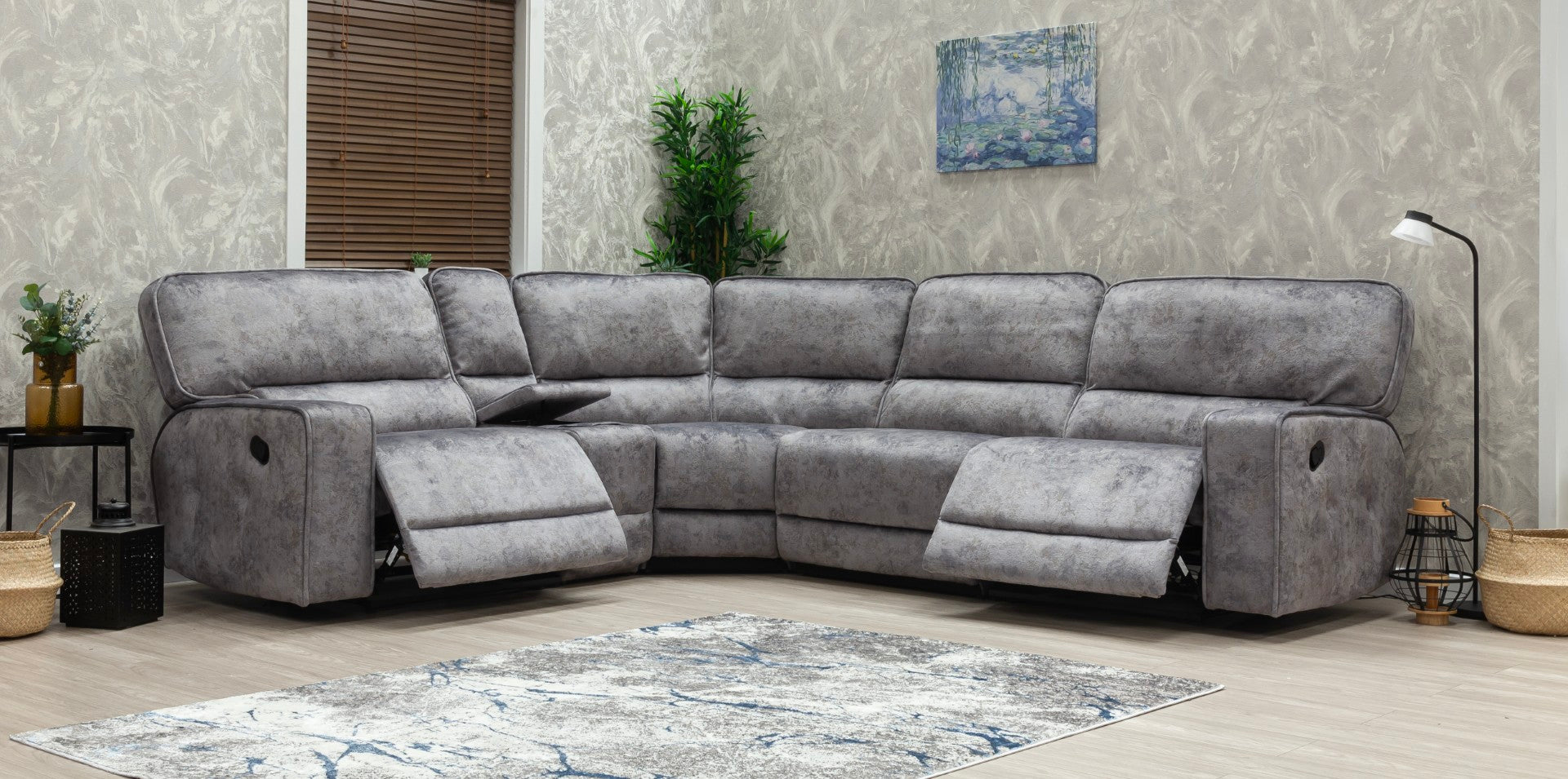 Otto Grey Fabric Corner Sofa with Console & Cup Holders – Modular Five Element Corner Sofa