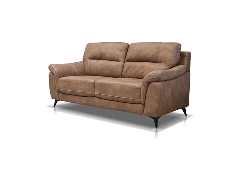 Abbie Fabric Three Seat Sofa with Contrast Stitch Upholstery – Modern Compact Sofa in Saddle Brown