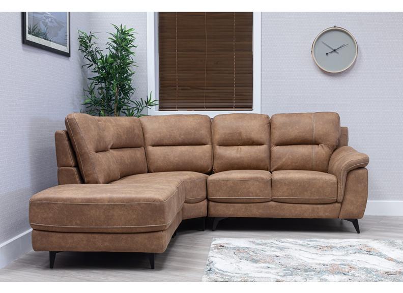 Abbie Fabric Corner Sofa with Contrast Stitch Upholstery – Modern Compact Corner Sofa in Saddle Brown