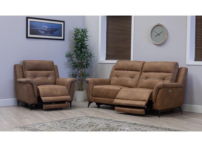 Pachino Fabric Powered Recliner 3PP Sofa with Pocket Sprung Seating & USB Ports – Saddle Brown