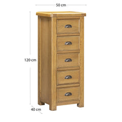 Dorchester Oak 5 Drawer Narrow Chest