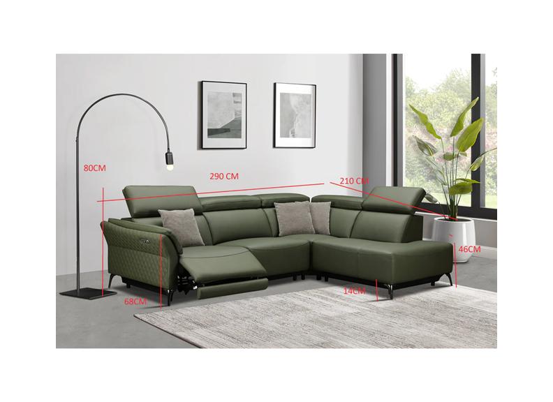 Milan Powered Corner Sofa in Green Leather with Scatter Cushions & Adjustable Headrests