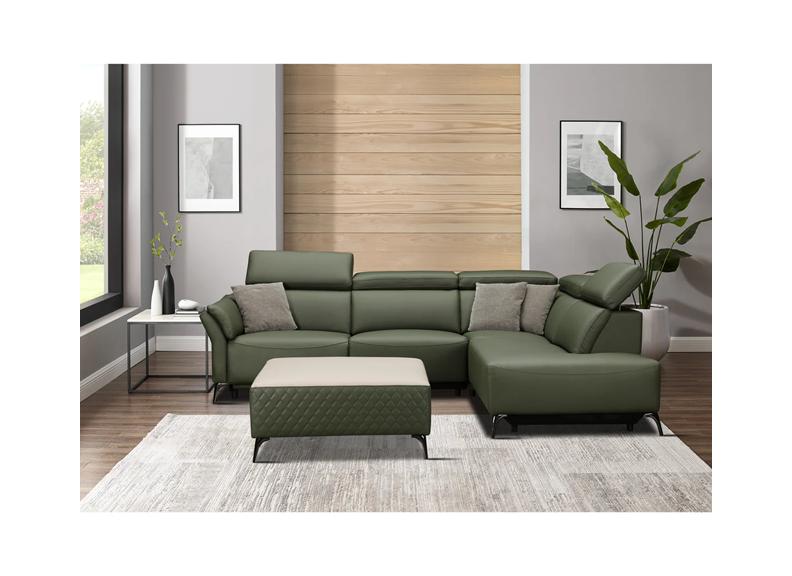 Milan Powered Corner Sofa in Green Leather with Scatter Cushions & Adjustable Headrests
